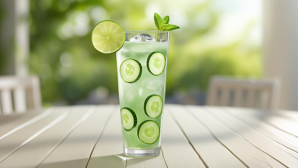 “A refreshing cucumber lime wine spritzer in a tall glass with ice, thin cucumber slices inside the drink, and a lime wheel on the rim. No whole cucumbers in the scene. Styled on a light wood table with soft natural lighting. Mint sprig garnish. Summer patio background with blurred greenery. Light, airy, modern vibe.”