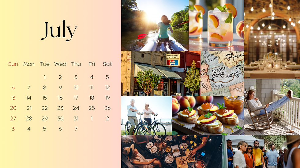 calendar collage for Main Street Beverage featuring summer drinks, This month’s calendar celebrates everything we love about summer: peachy cocktails, breezy porch time, riverside adventures, and homegrown charm. From the MSB storefront and Idaho pride to good food, glowing lights, and market strolls—you’ll find it all right here in town.