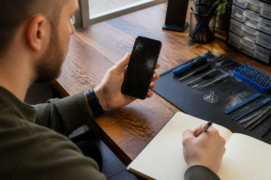 Person holding a cracked smartphone screen, examining the damage in natural lighting while taking notes on the issue