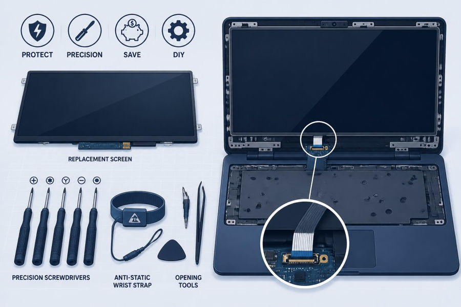Organized workspace showing replacement screen parts, precision screwdrivers, anti-static wrist strap, and a laptop with bezel carefully removed exposing the ribbon cable connection ready for installation