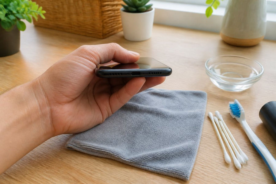 Person carefully holding smartphone with charging port facing downward over a soft cloth on a clean desk surface with natural window lighting