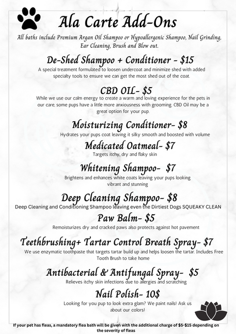 The Paw Spa & Salon Ala Cart Menu