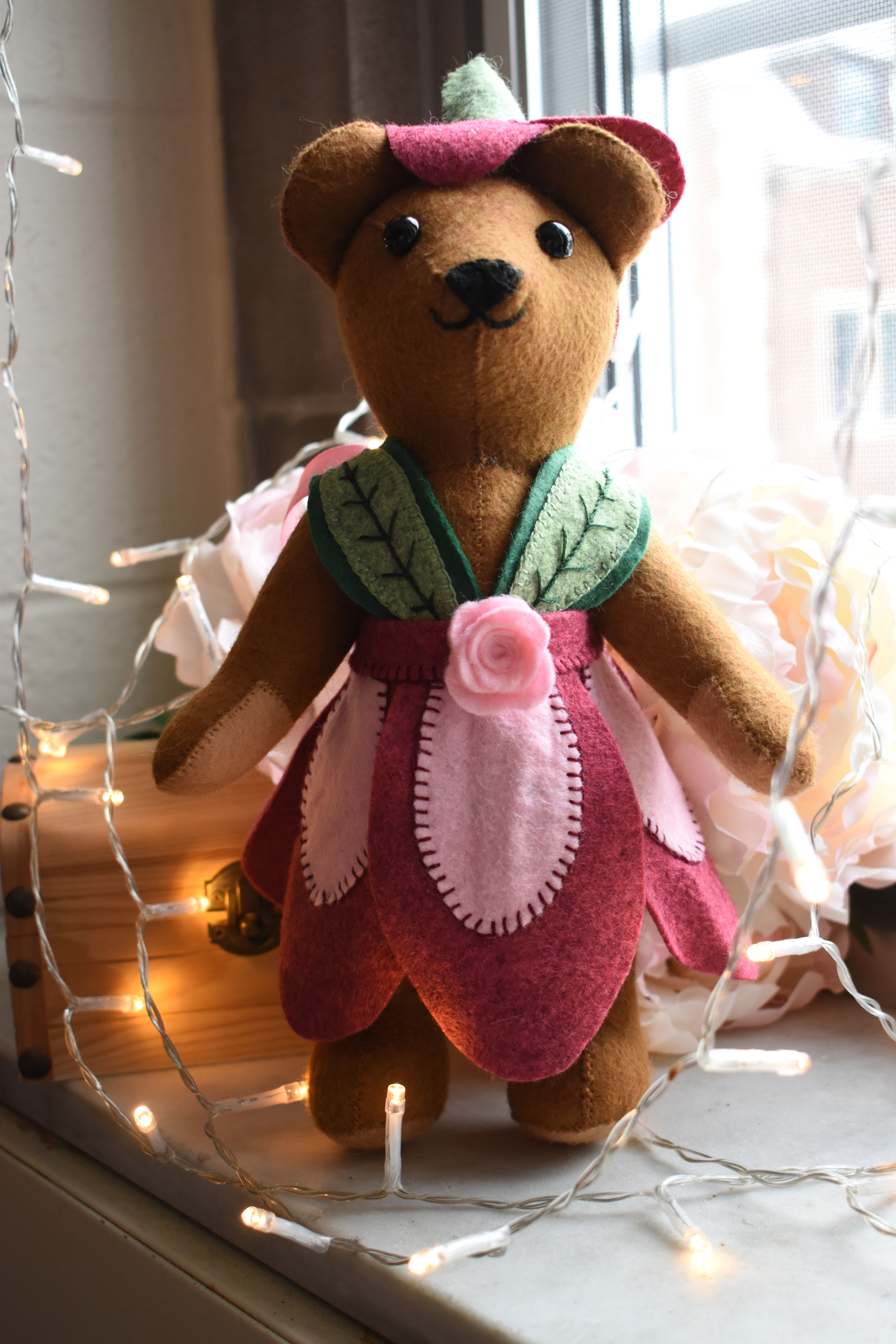 Handmade felt Spring Flower Bear in a pink petal dress