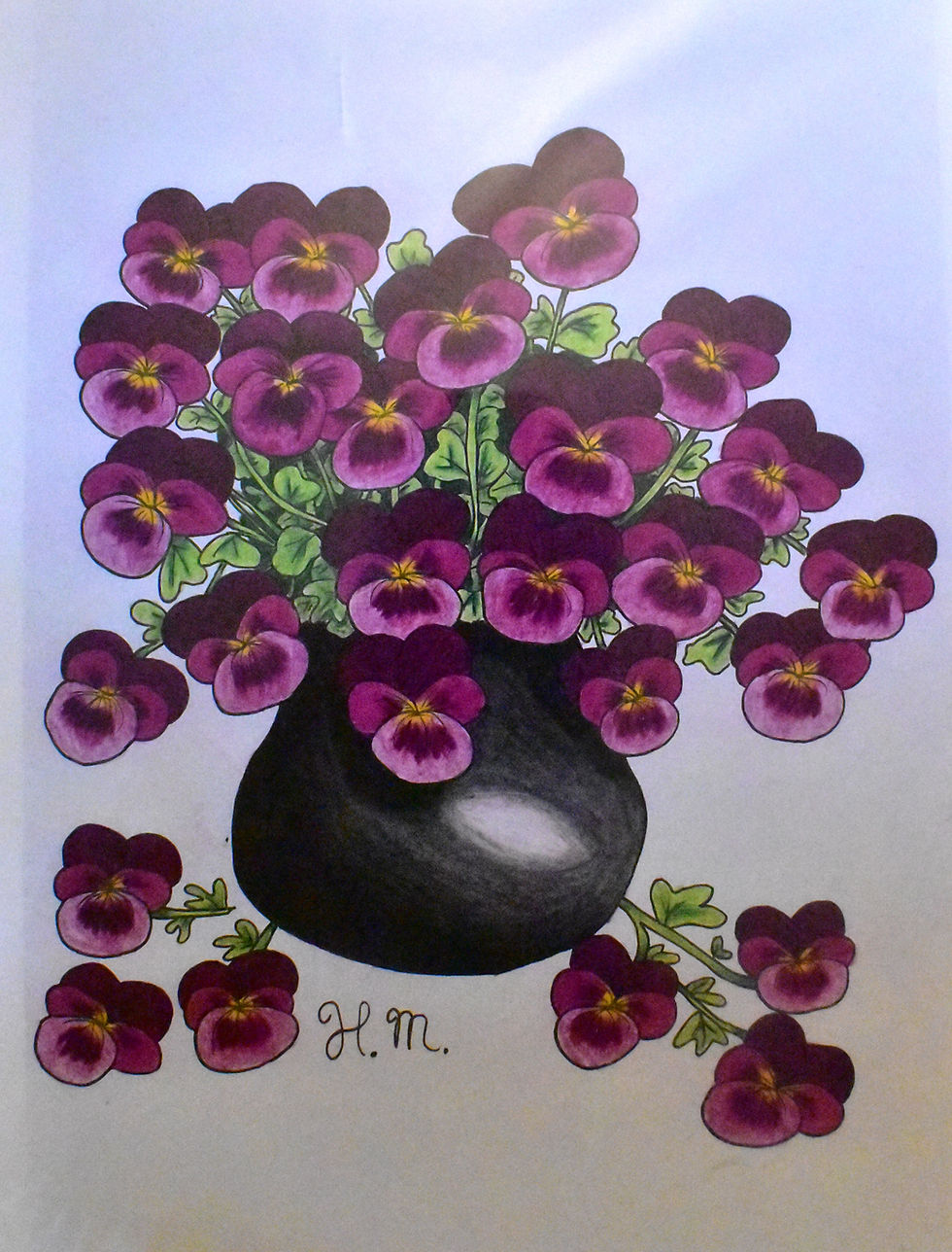 Pansy flowers in black vase