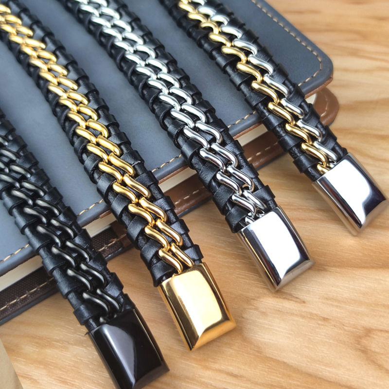 Miniatura: 🥇 Pulseira de Couro Masculina Elos Dourados – Fecho Magnético Premium