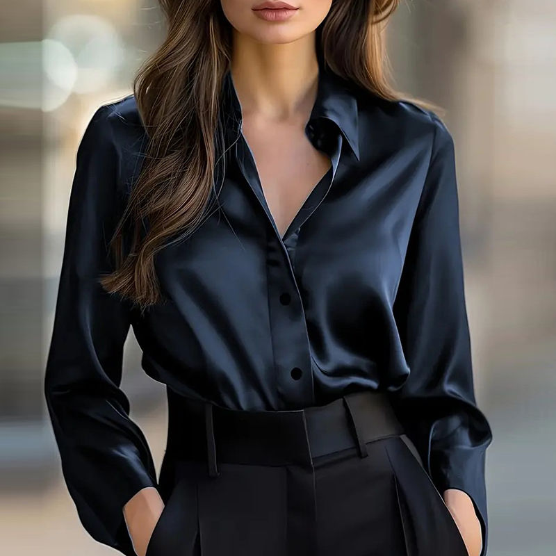 Miniatura: 👚 Blusa Social Nomad Cetim Preta – Manga Transparência Elegante ✨