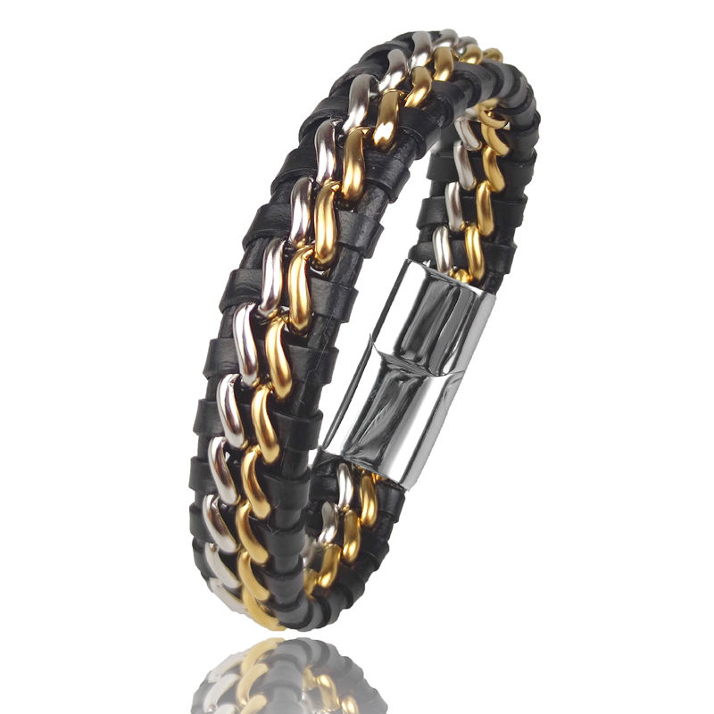 Miniatura: 🥇 Pulseira de Couro Masculina Elos Dourados – Fecho Magnético Premium