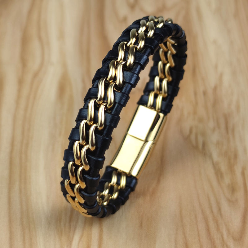 Miniatura: 🥇 Pulseira de Couro Masculina Elos Dourados – Fecho Magnético Premium