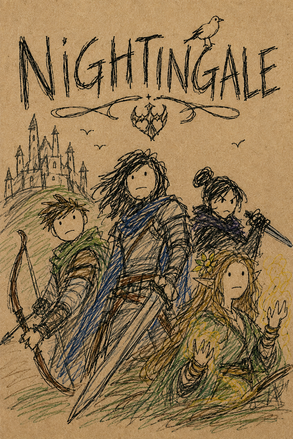 Illustrated Nightingale fantasy cover with four adventurer characters