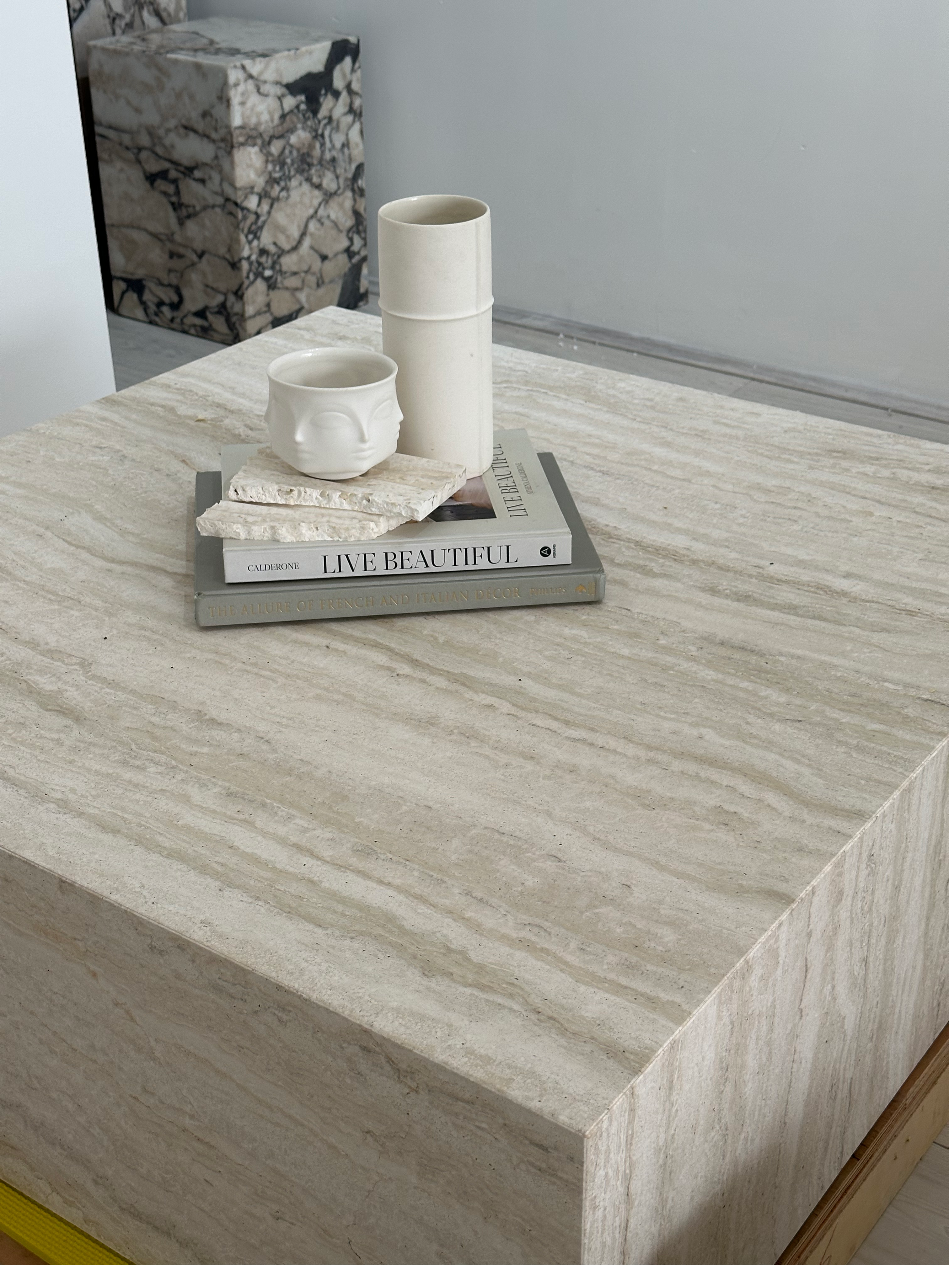 Italian White Travertine block Coffee table 