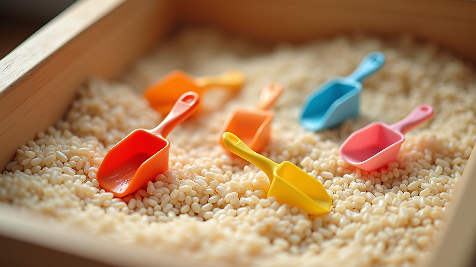 Eye-level view of a shallow sensory bin filled with dry rice and small scooping toys