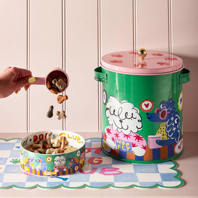 Colourful dog biscuit tin