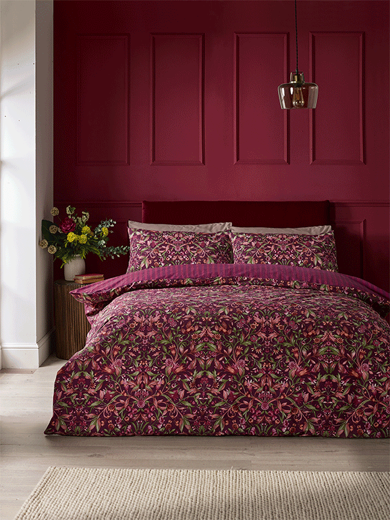 Burgundy floral bedding transformation