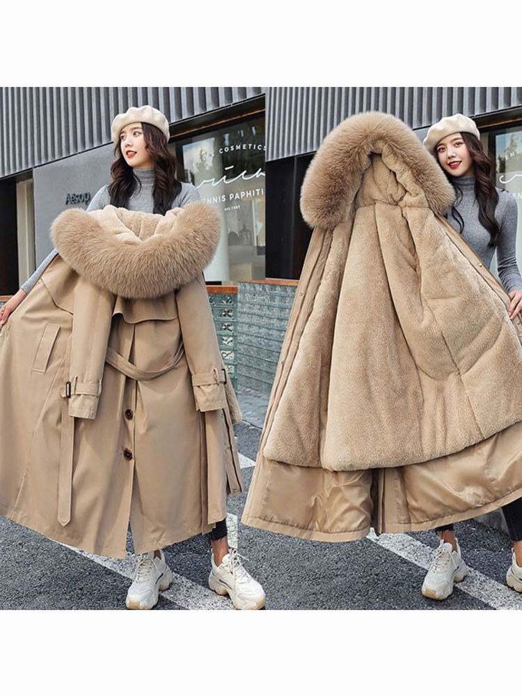 Miniatura: Women Winter Jacket Hooded X-Long Thick Faux Fur Padded Parkas Woman Distachable