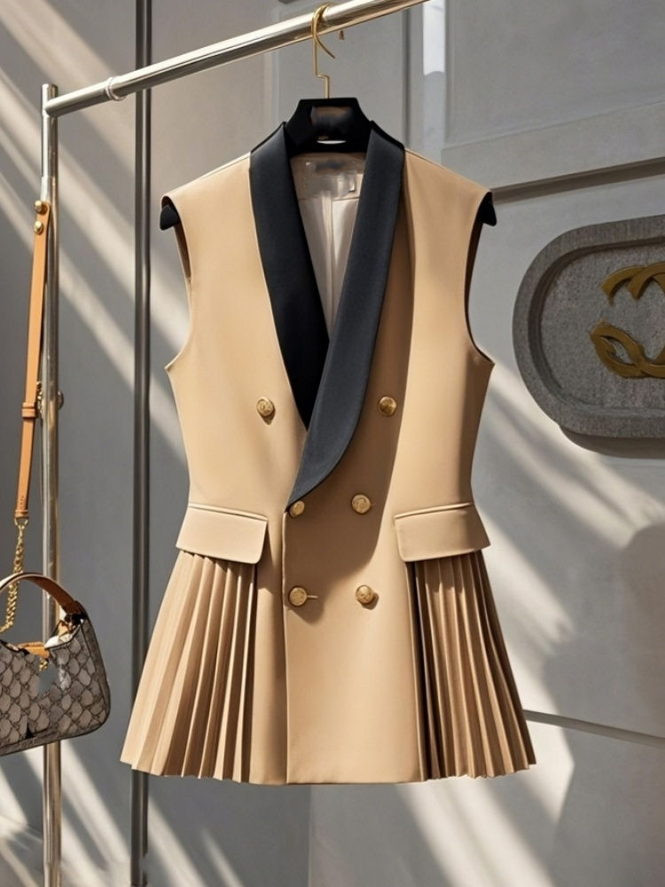 Miniatura: Colete Feminino Blazer Sem Mangas Retrô – Jaqueta Color Block Café Elegante