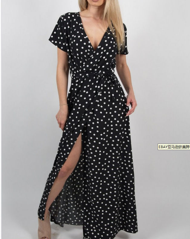 Miniatura: Women Summer Dress Bohemian Short Sleeve V-neck Low Cut Printed Polka Dot Dresse