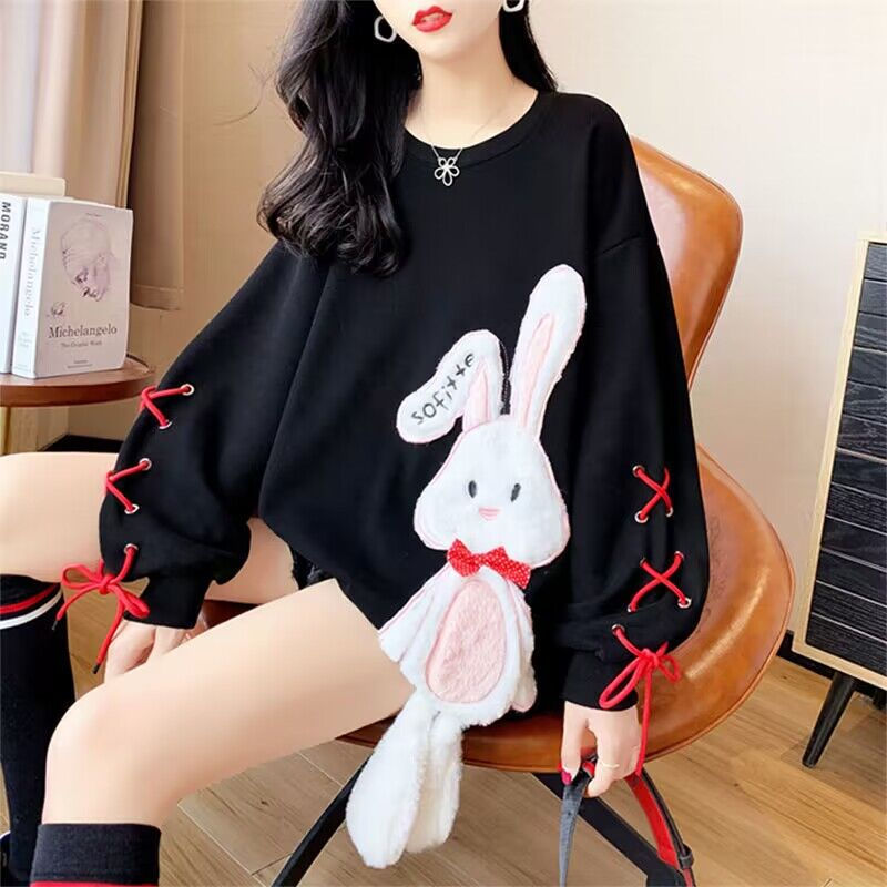 Miniatura: Moletom Feminino Hoodie Oversized 2025 com Capuz – Plush de Coelho, Manga Longa