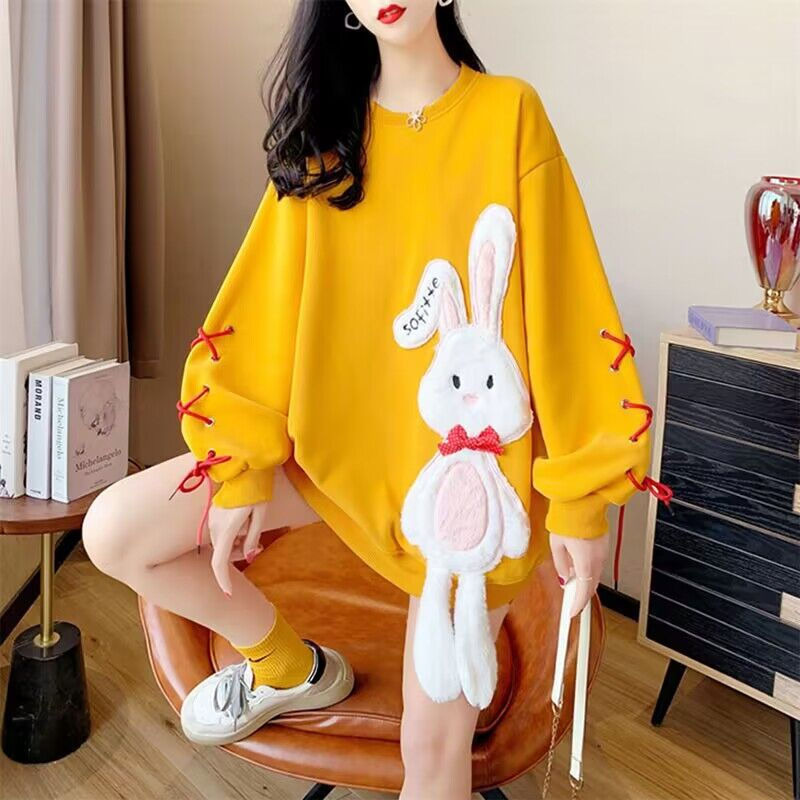Miniatura: Moletom Feminino Hoodie Oversized 2025 com Capuz – Plush de Coelho, Manga Longa