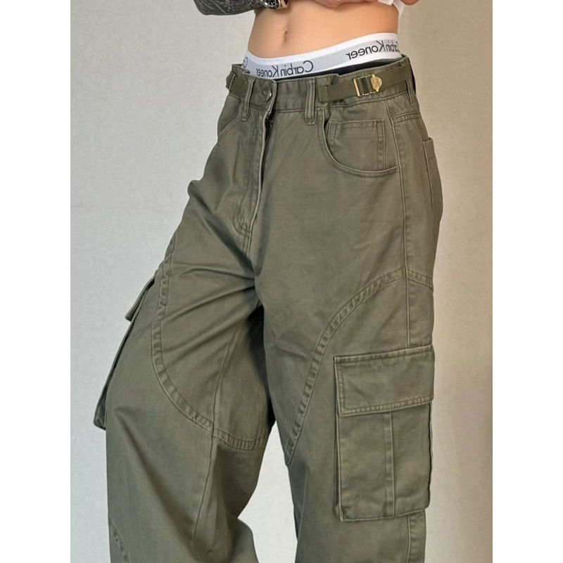 Miniatura: Calça Cargo Feminina Y2K Verde Vintage – Estilo Harajuku Baggy com Vários Bolsos