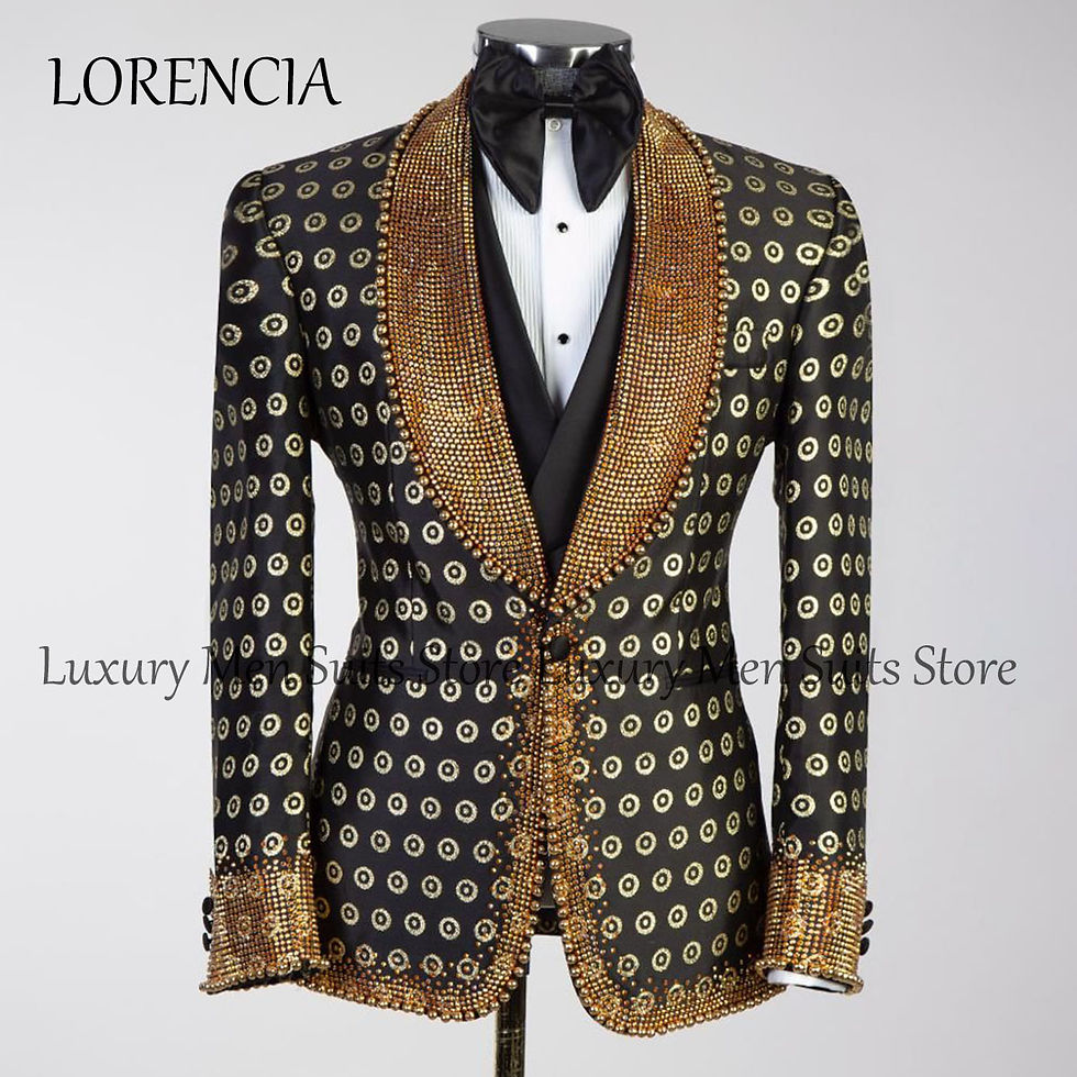 Miniatura: Smoking Masculino Luxo 3 Peças com Ornamentos de Joias – Terno Premium para Casa