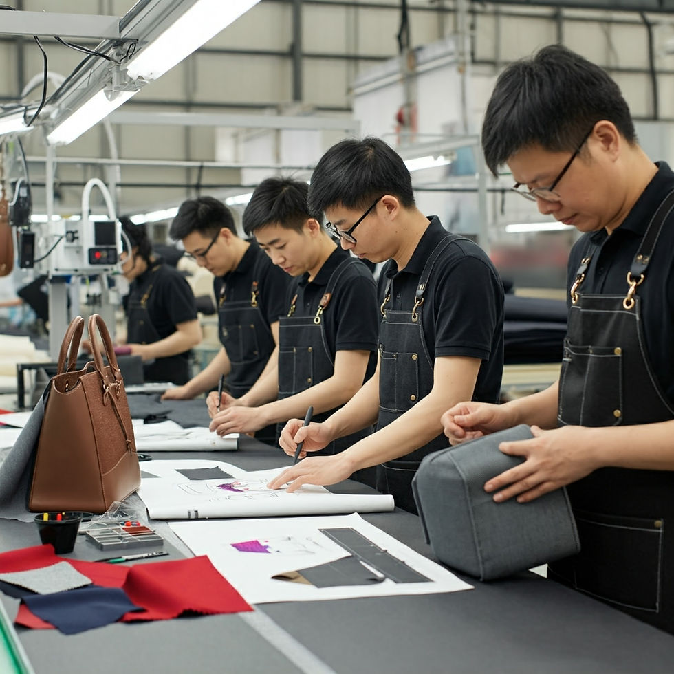 Design team collaborating on pattern development for custom handbags at Skyward Global