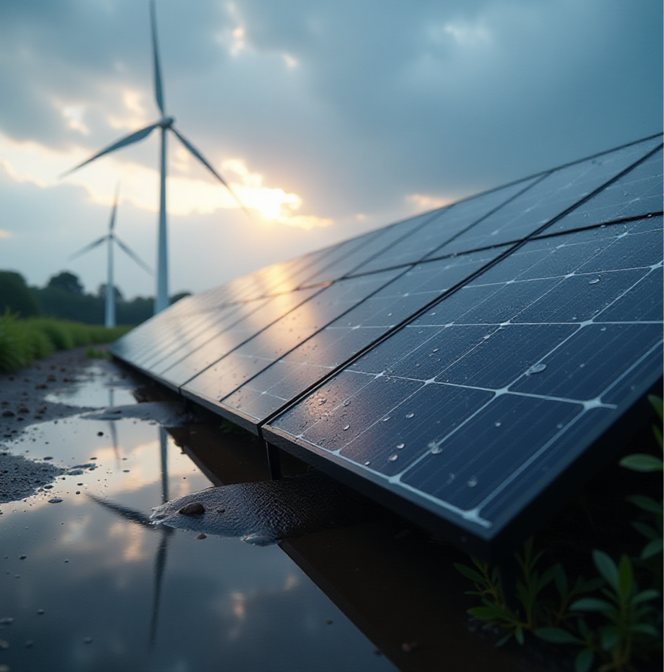 Close-up of solar panels and wind turbines at sunset, symbolizing renewable energy and sustainable practices at Skyward Global