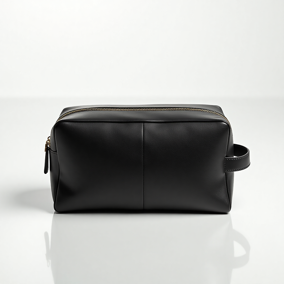 Compact black toiletry bag with side handle and minimal design