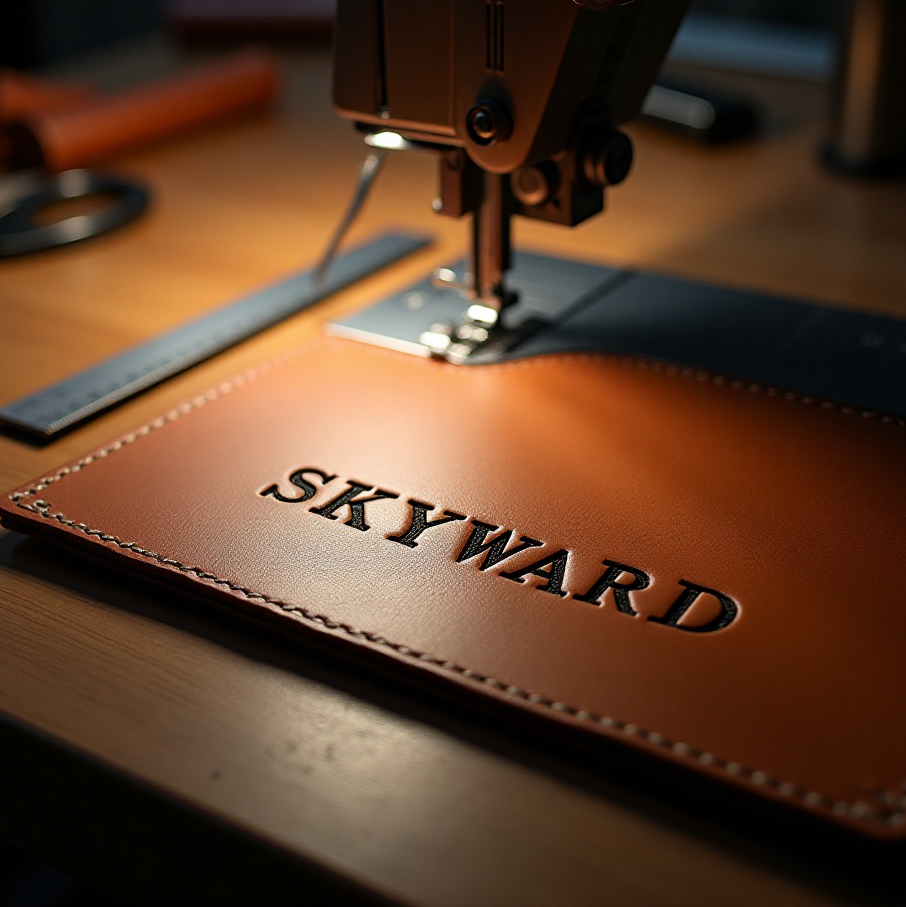 Close-up of sewing machine stitching the SKYWARD logo onto brown leather in a manufacturing setting