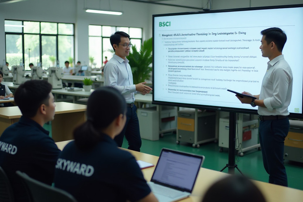 Skyward Global team attending a training session on sustainability and BSCI compliance in a modern conference room