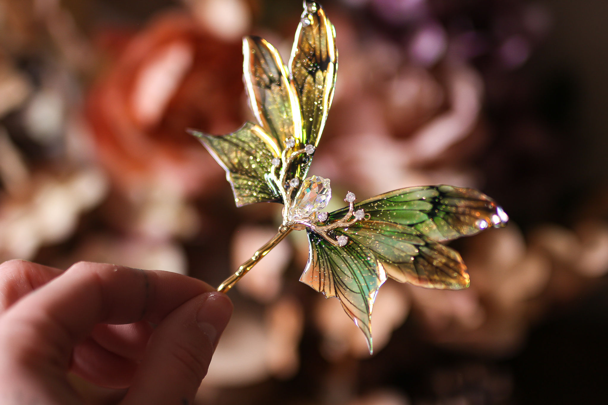 bijoux ailes de fée barrette à cheveux papillon elfique fantasy féerique cristal couleur d'automne vert et ambre