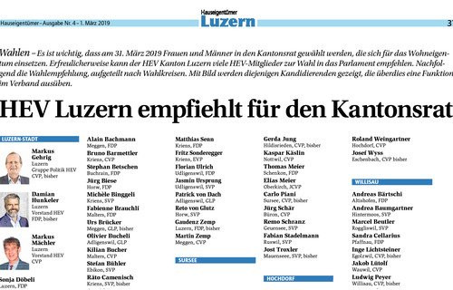 HEV LUZERN EMPFIEHLT FÜR DEN KANTONSTRAT