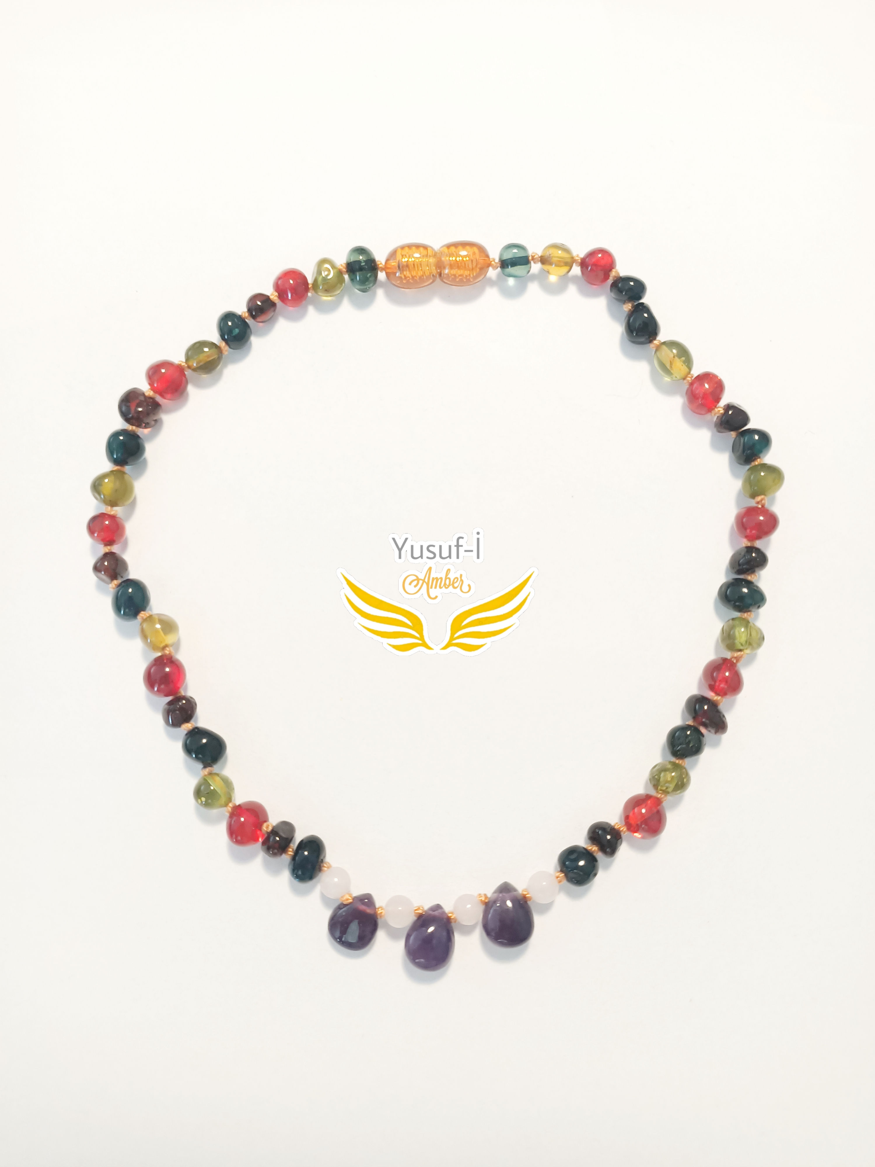 Bonibon & Ametist , Gül kuvars ve Doğaltaş Konbinli Kehribar Bebek Kolyesi