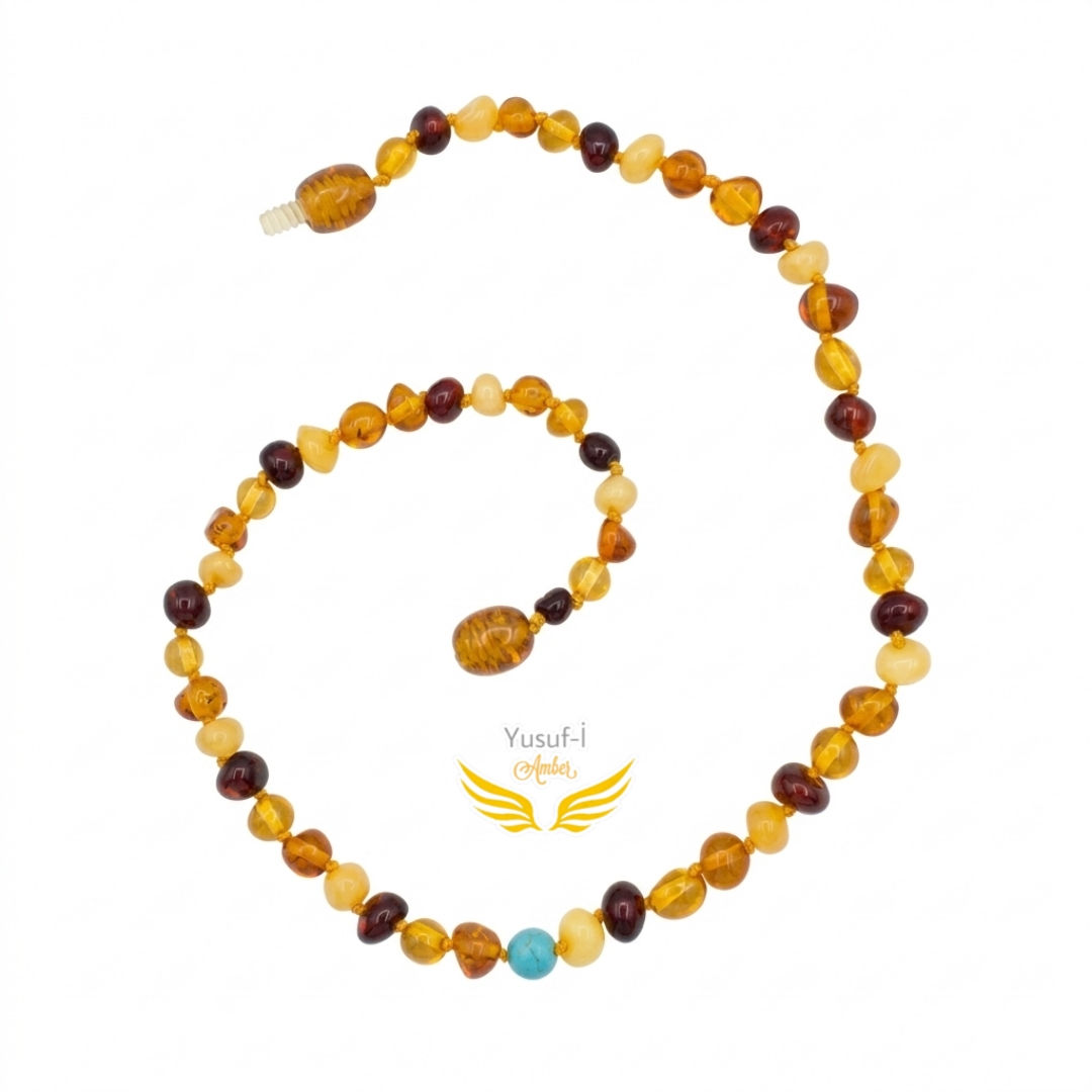 Turkuaz Uçlu Multicolor  Kehribar Bebek Kolyesi