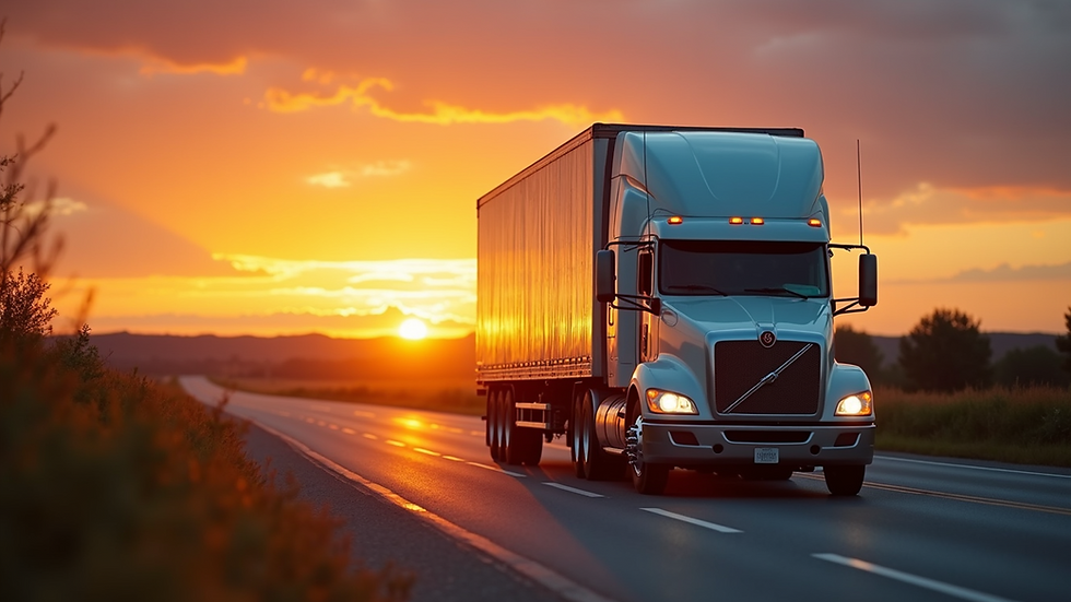 Eye-level view of a truck parked on the roadside with sunset in the background