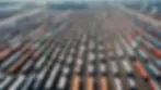 High angle view of a large fleet of trucking vehicles at a distribution yard