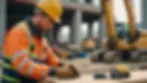 Eye-level view of a construction worker inspecting safety gear