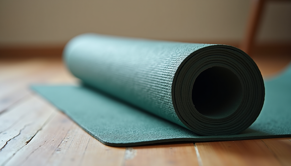 Natural rubber yoga mat rolled on wooden floor, showing texture and thickness