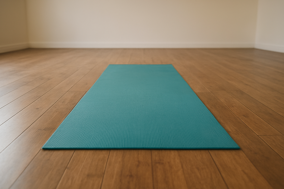 a green yoga mat on a wooden floor that creates a calm peaceful environment to support mental health.