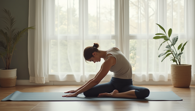 Eye-level view of a yoga mat with a person in Child’s Pose on a wooden floor