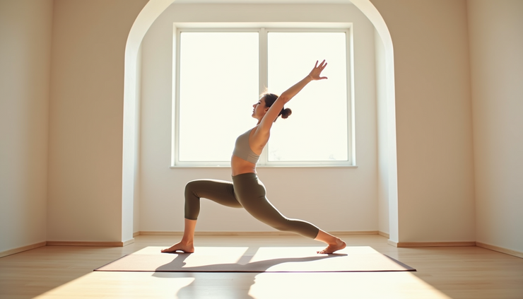 Eye-level view of a yogi standing in Mountain Pose on a wooden floor with natural light