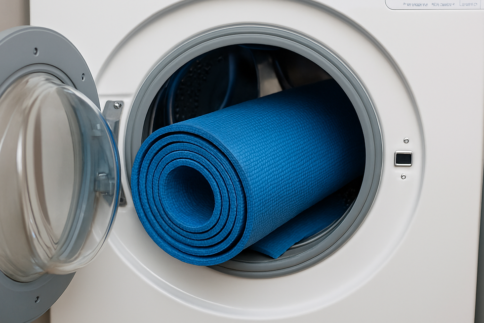 A blue yoga mat inside a washing machine.
