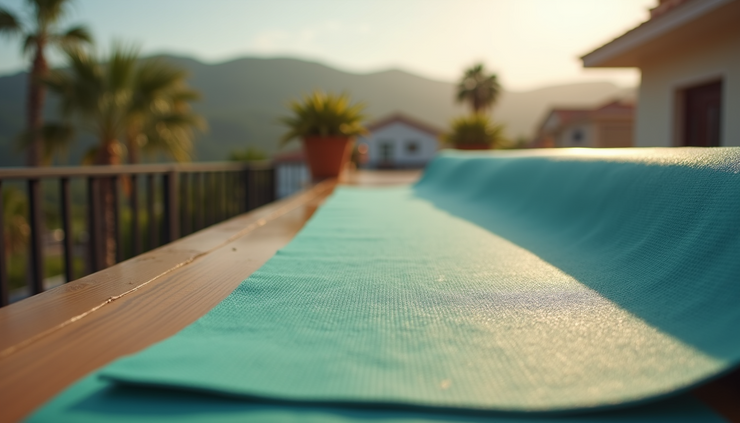 Eye-level view of a yoga mat drying flat on a balcony railing