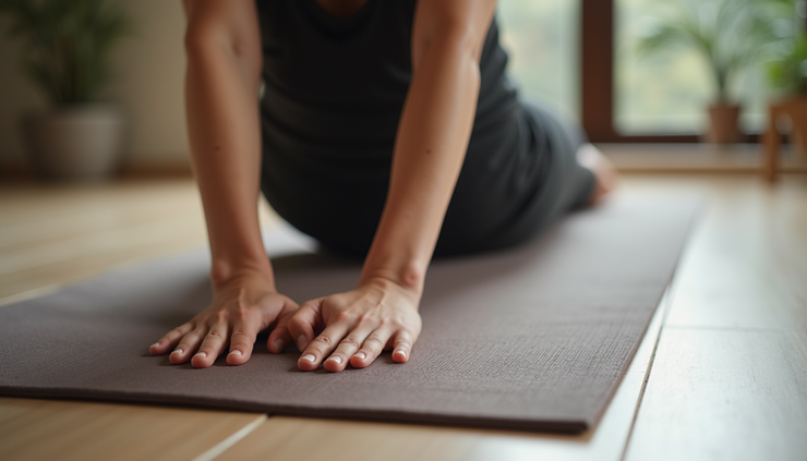 Close-up view of a yoga mat with feet and hands in Downward Dog position