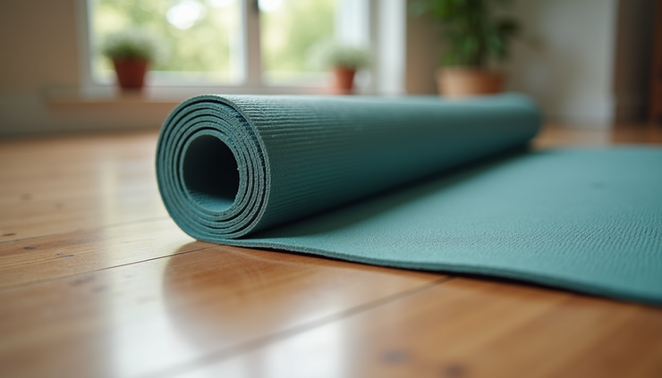 Close-up view of a thick yoga mat rolled out on wooden floor