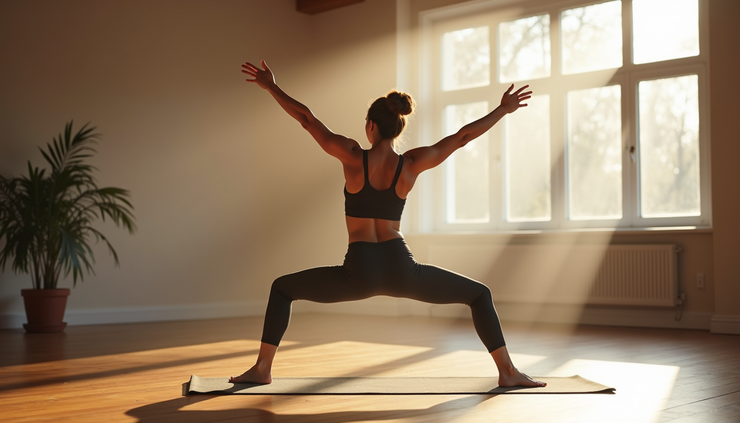 Eye-level view of a single yoga practitioner in Warrior I pose on a wooden floor with natural light