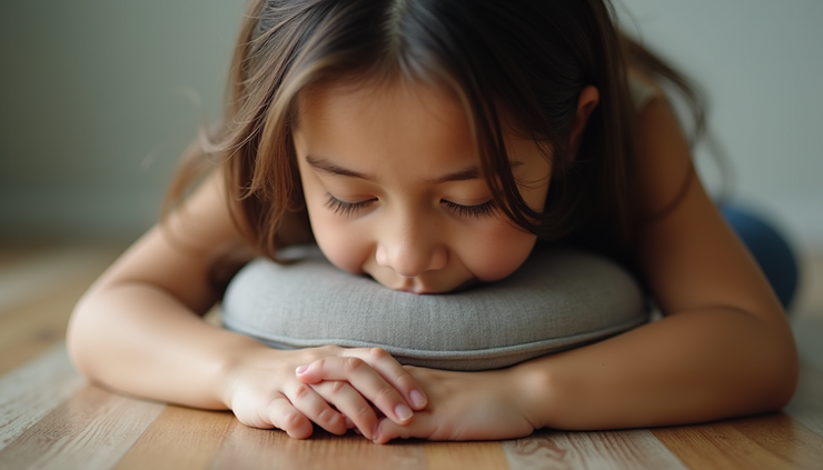 Close-up view of a yoga practitioner’s back in Child’s Pose with a cushion under the forehead