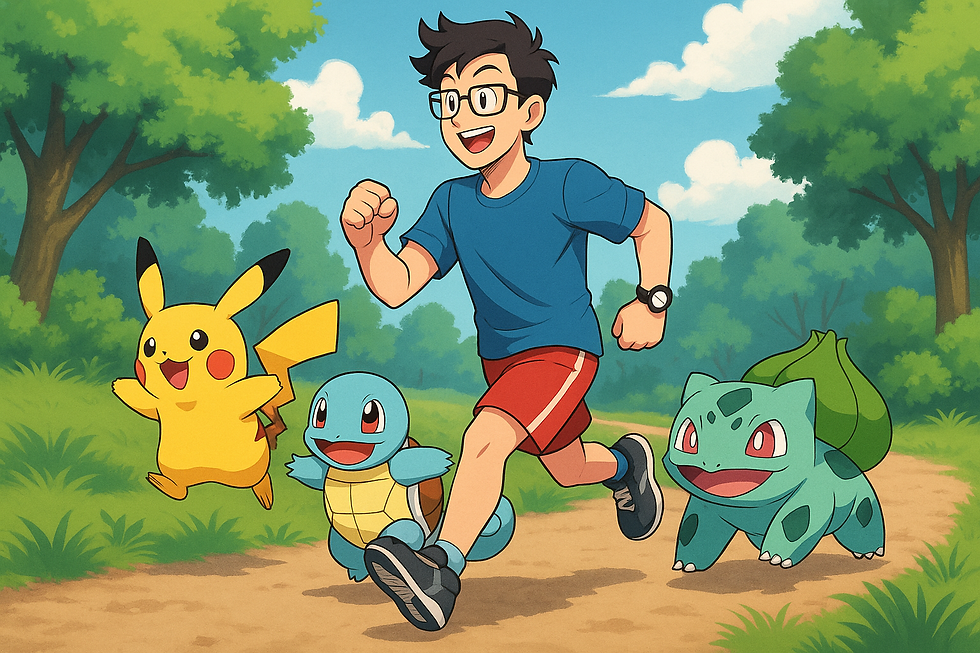 A person in blue and three Pokémon—Pikachu, Squirtle, Bulbasaur—running happily on a forest path under a bright blue sky.