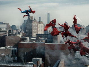 Spider-Man flips over red-clad ninjas fighting on New York rooftops, with smoky skyline behind.