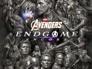 Marvel Avengers: Endgame Encore poster collage of metallic hero busts around the title, with Infinity Vision and release text.