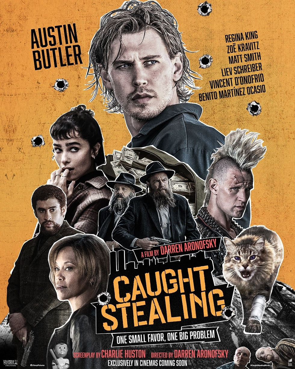 collage poster led by Austin Butler with cast and bullet holes, gritty NYC crime thriller. Credit: Columbia Pictures.